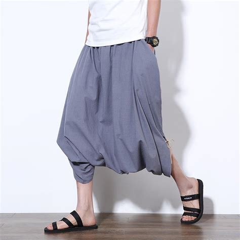 Men S Japanese Samurai Casual Loose Harem Baggy Hakama Linen Capri Cropped Pants Ebay