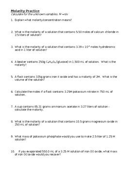 Molarity Practice By Schrim S Chem Teachers Pay Teachers