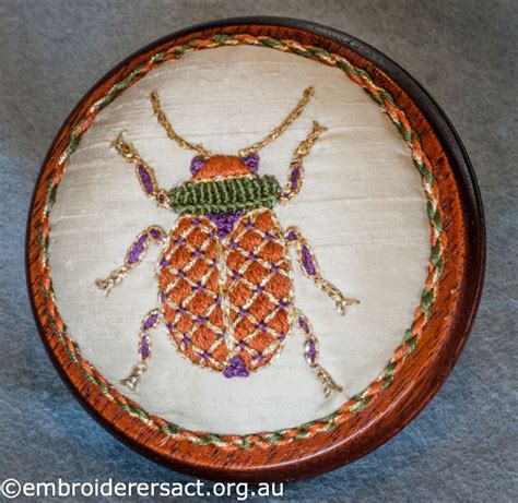 Beetle Pincushion Stitched By Marjorie Gilby Embroiderers Guild ACT