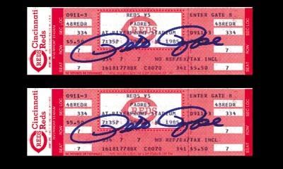 1985 Pete Rose 4,192 Hit Game Full Tickets, Signed (2)