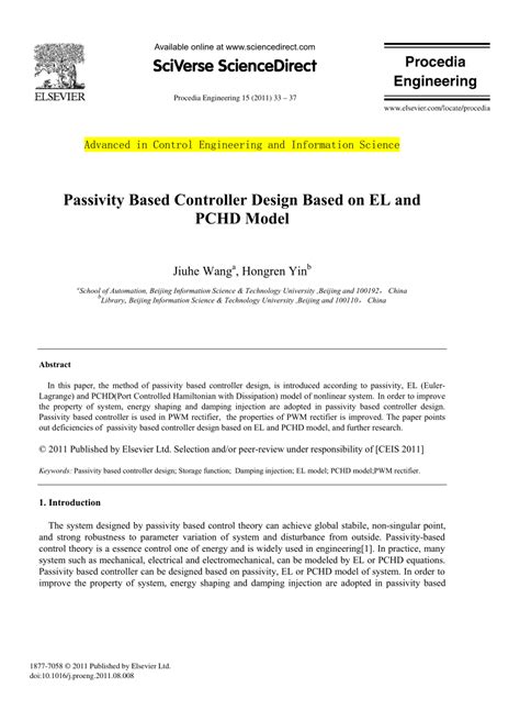 Pdf Passivity Based Controller Design Based On El And Pchd Model