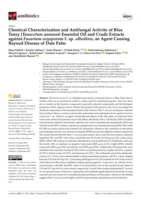 PDF Chemical Characterization And Antifungal Activity Of Blue Tansy