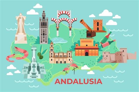 Colorido mapa de andalucía con hitos Vector Gratis