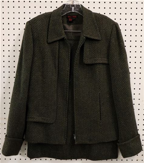 Lot Detail Simon Chang Olive Green Tweed Jacket And Skirt Wool And