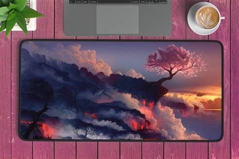 Sakura And Volcano Sunset Desk Mat Desk Mat Aesthetic Sakura Desk Mat