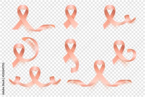 Vector 3d Realisticpeach Ribbon Set Uterine Cancer Awareness Symbol Closeup Cancer Ribbon