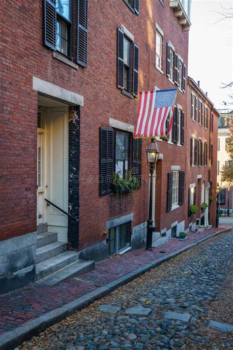 Acorn Street Beacon Hill House During Fall Harvest With American Flag