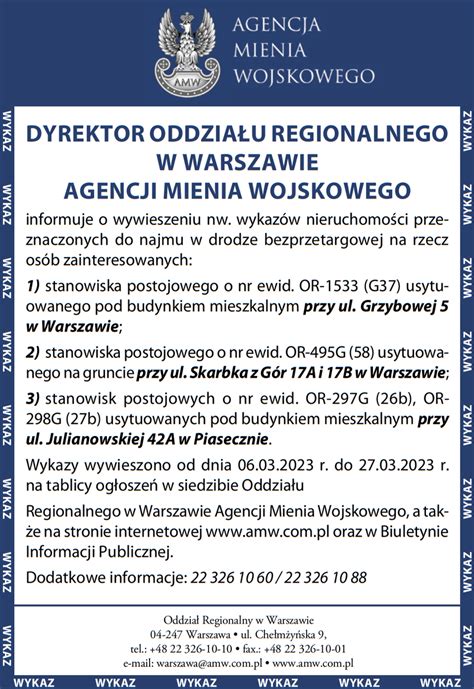 Dyrektor Oddzia U Regionalnego Amw W Warszawie Informuje O Wywieszeniu