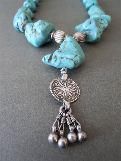 Vintage Turquoise Nugget Bead Necklace With Sterling Silver Details For