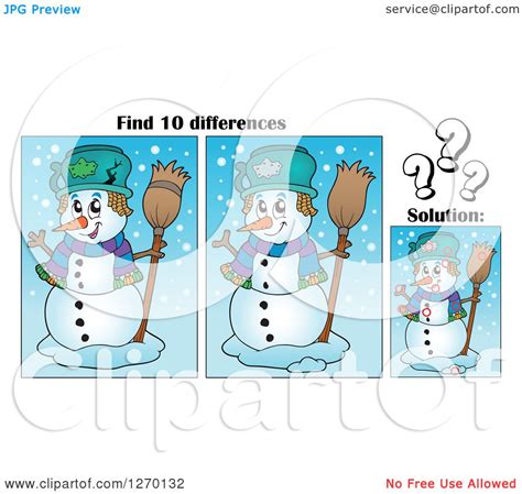 Clipart Of A Snowman Find 10 Differences Game And Solution Royalty