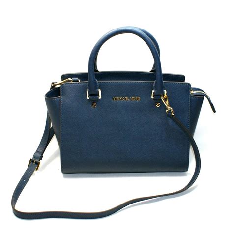 Michael Kors Medium Selma Leather Satchel Shoulder Bag Navy Blue