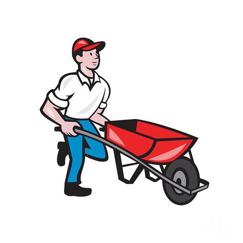 Gardener Pushing Wheelbarrow Cartoon Digital Art By Aloysius Patrimonio