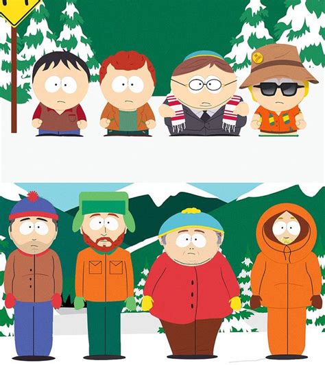 The South Park Characters Are Standing In Front Of A Snow Covered