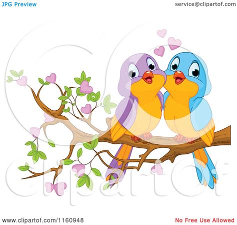 Cartoon Of Cute Valentine Love Birds On A Branch With Hearts Royalty Free Vector Clipart By