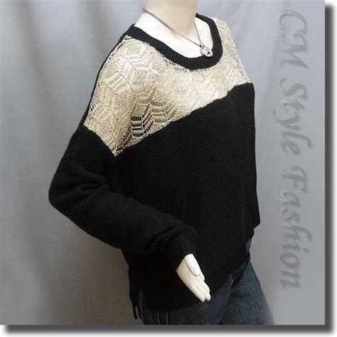 Crochet Knit Eyelet Drop Shoulder Sweater Top Golden Black