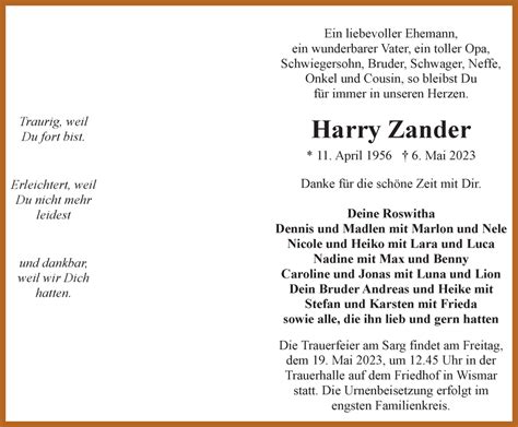 Traueranzeigen Von Harry Zander Trauer Anzeigen De