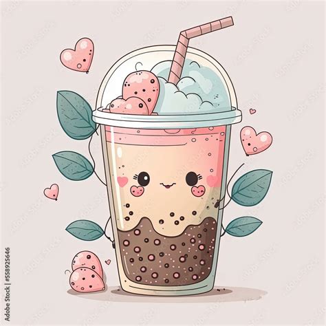 Valentines Day Boba Tea Doodle Chibi Cartoon Style Stock Illustration