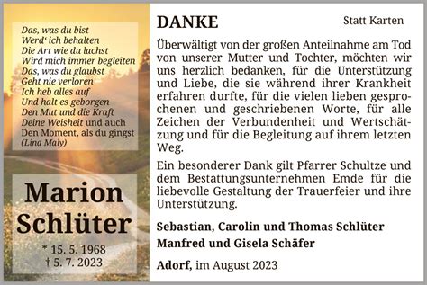 Traueranzeigen Von Marion Schl Ter Trauer Wlz Online De