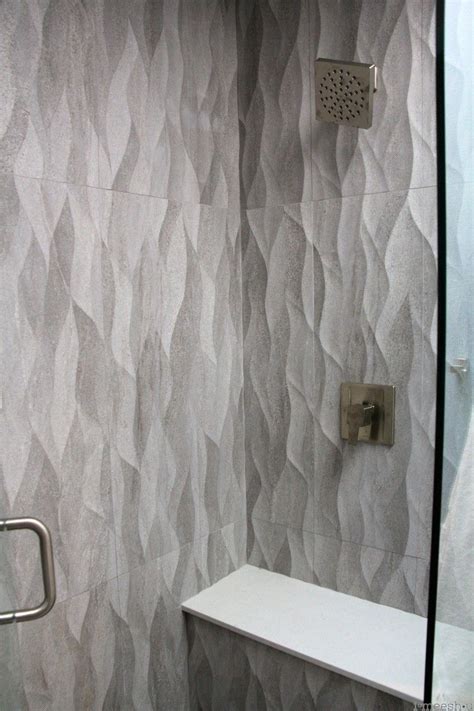 Large Plank Gray Wave Tile Shower Walls Misty Carrara Cesarstone Seat