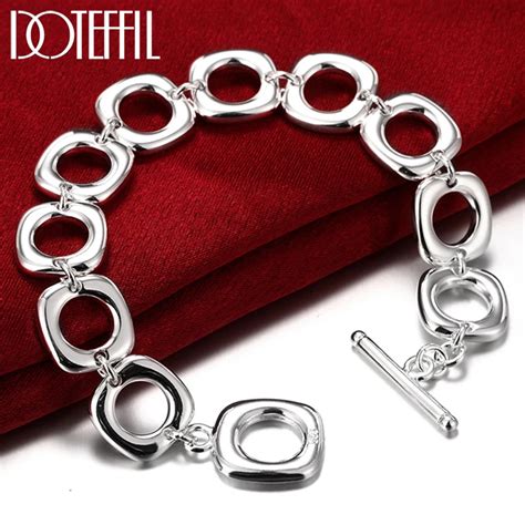 DOTEFFIL 925 Sterling Silver Square Round Circle Chain Bracelet For