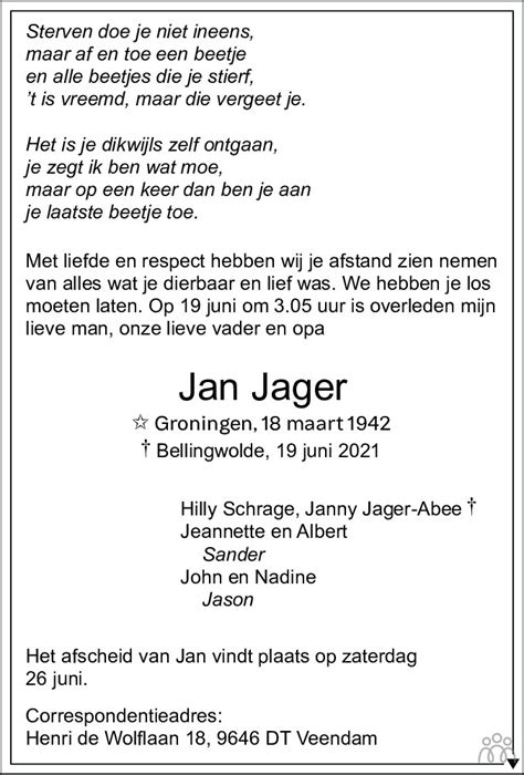 Jan Jager 19 06 2021 Overlijdensbericht En Condoleances Mensenlinq Nl