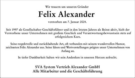 Traueranzeigen Von Felix Alexander Vrm Trauer De