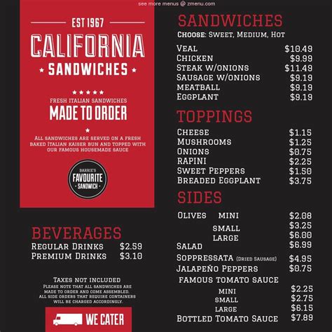 Menu at California Sandwiches Barrie, Barrie