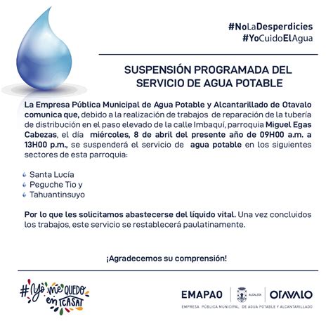 Suspensión del servicio de agua potable en Miguel Egas EMAPAO