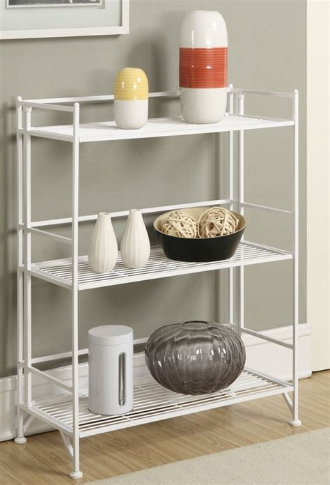 3 Tier Wide Folding Metal Shelf In White Finish Convenience Concepts 8019w Metal Shelves