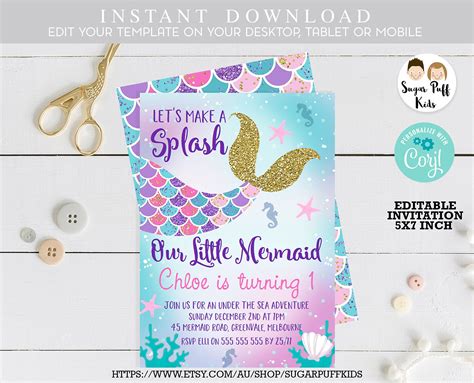 Mermaid Tail Birthday Invitation Mermaid 1st Birthday Invitation Mermaid Birthday Invitation