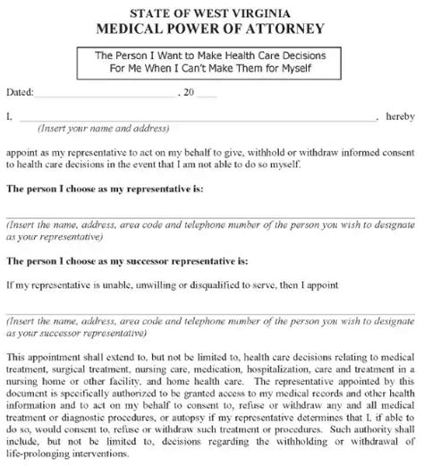 Free West Virginia Medical Power Of Attorney Word Printable Form