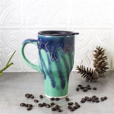 Ceramic Reusable Travel Mug W Handle Eco Friendly Gift Mint Green Blue