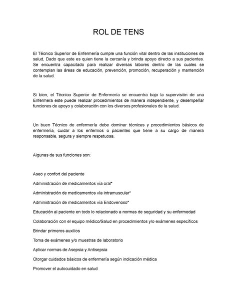 Rol De Tens Documento Para Trabajo Y Preparacion Del