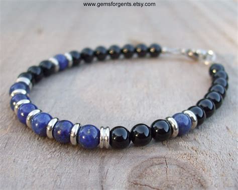 Blue Lapis Lazuli And Black Onyx Mens Beaded Bracelet Etsy