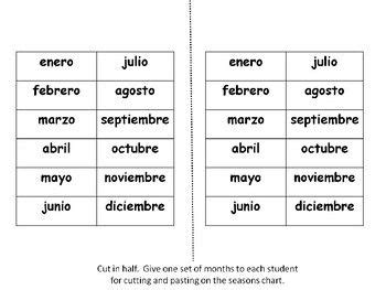 Spanish Seasons Months Cut And Paste The Months Into The Correct