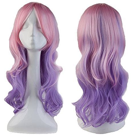 S Noilite Women Long Ombre Pink Purple Wavy Hair Wigs Cosplay Anime