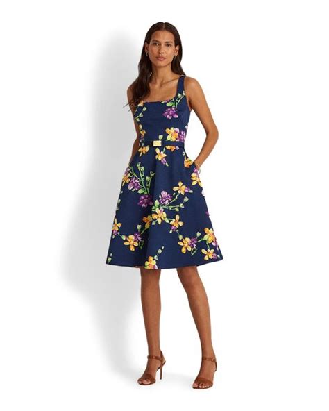 Lauren By Ralph Lauren Synthetic Floral Crepe Belted Cocktail Dress In Blue Lyst