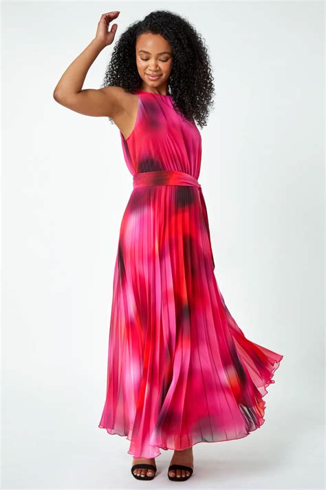 Pink Petite Halterneck Pleated Maxi Dress Roman Uk