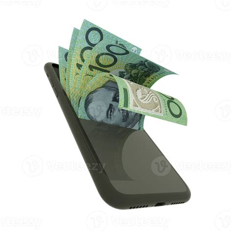 D Rendering Of Australian Dollar Notes Inside A Mobile Phone Isolated