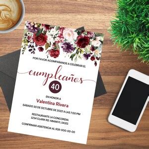 Spanish Birthday Digital Invitation, Red Floral Evite, Cumpleaños ...