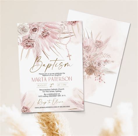 Pink Boho Baptism Invitation Template Pampas Grass Baptism Etsy