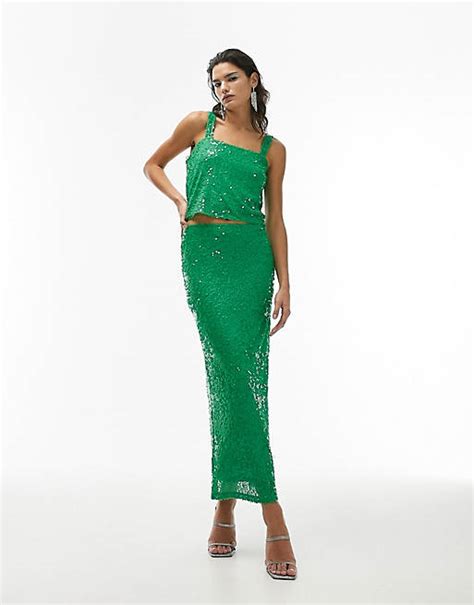 Topshop Sequin Maxi Skirt In Green Part Of A Set Asos