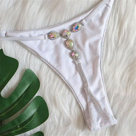 Sparkly Rhinestone Thong Slide Triangle Brazilian Two Piece Bikini Swi