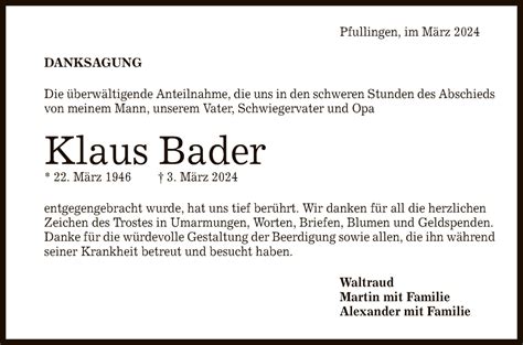 Traueranzeigen Von Klaus Bader Trauer Gea De