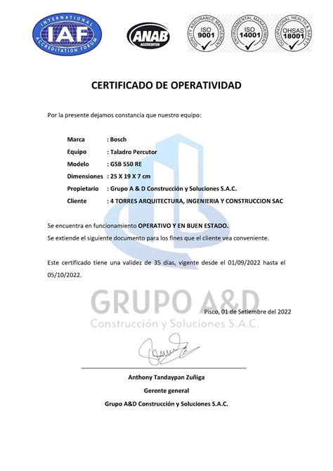 Certificado De Taladro Certificado De Operatividad Por La Presente