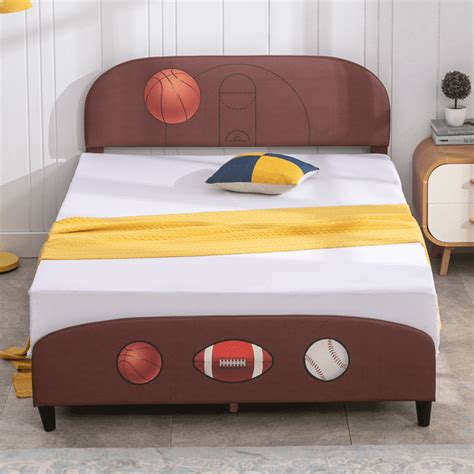 MUZZ Full Size Kids Bed Frame, Faux Leather Upholstered Platform Bed ...