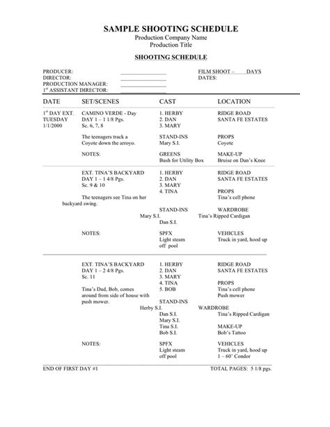 Shooting schedule template in Word and Pdf formats