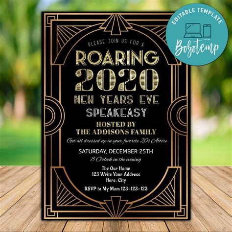 Printable Roaring 20s New Years Event Party Invitation Diy Bobotemp