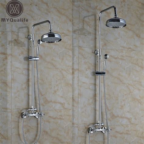 Chrome Brass Bathroom Shower Set Faucet Column Double Cross Handles In