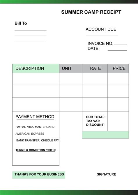 Summer Camp Receipt Template